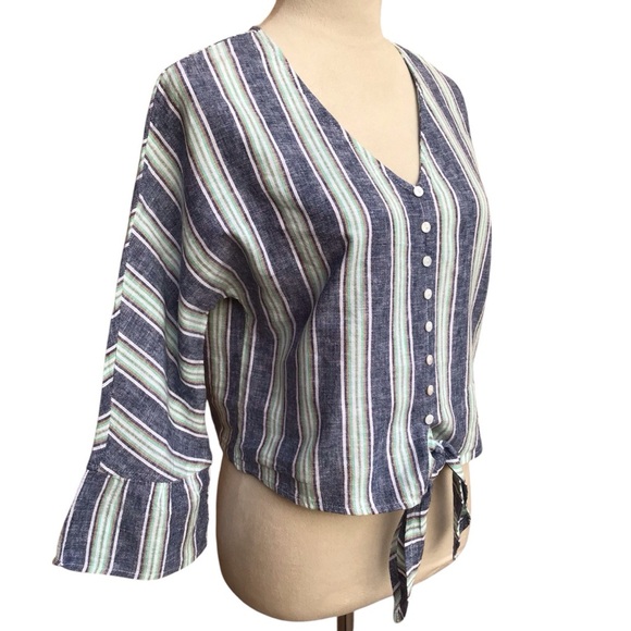 For Cynthia Striped Linen Blend Tie Front Bell Sleeve Crop Shirt - Picture 5 of 9